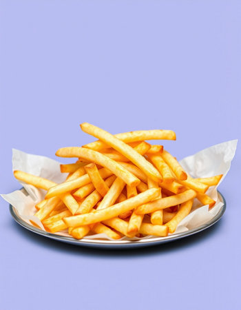 French fries in a plate on a blue background. Fast food.