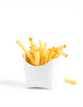 French fries in a white box on a white background. Isolated