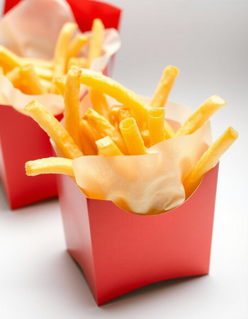 French fries in a red box on a white background, close-up