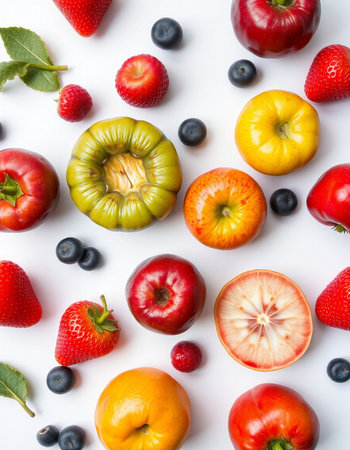 Colorful fruits on white background. Flat lay, top view.の写真素材