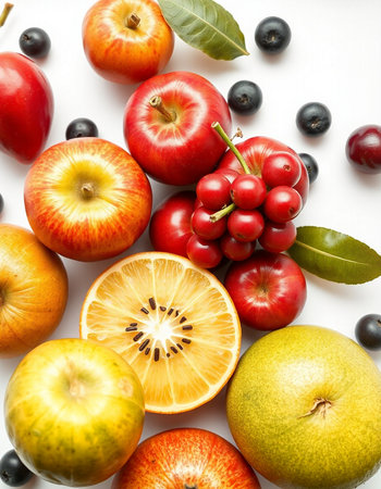 Composition with various fruits on white background. Flat lay, top view