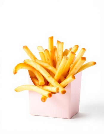 French fries in a pink box on a white background, fast foodの写真素材