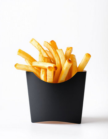 Golden French fries in a black box isolated on a white background.