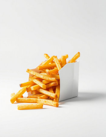 Golden French fries in a white box on a white background with shadow