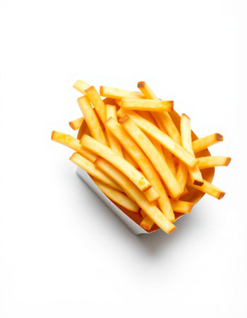 Golden French fries potatoes in a white box isolated on white background.