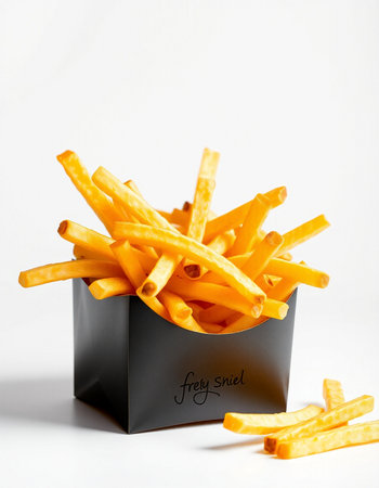 French fries in a black box on a white background. Selective focus.