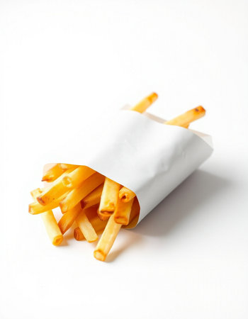 French fries in paper bag isolated on white background. Fast food.