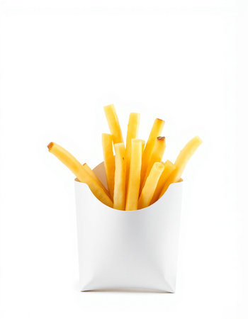 French fries in paper box isolated on white background. Fast food.
