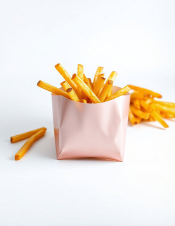 French fries in a paper bag on a white background. Selective focus.