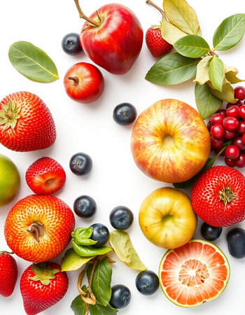 Fruits and berries isolated on white background. Flat lay, top viewの写真素材