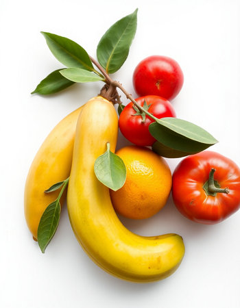 Fruits and vegetables on a white background, top view, vertical