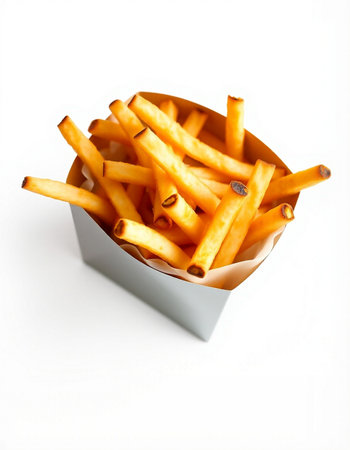 French fries in a box isolated on white background. Selective focus.