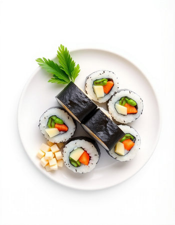 Sushi roll with avocado, cucumber and cream cheese on white backgroundの写真素材