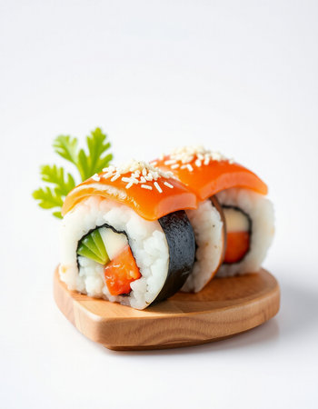 Sushi roll with salmon, eel, cucumber, avocado, cream cheese and sesame seedsの写真素材