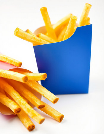 French fries in a blue box on a white background close-upの写真素材