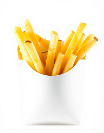 French fries in white paper box isolated on white background. Close up.