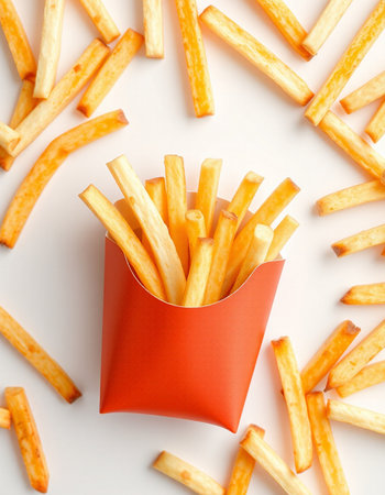 French fries in red paper box on white background. Top view.