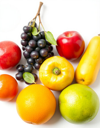 Fresh fruits isolated on white background. Healthy food concept. Top view.
