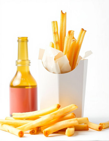 French fries in a paper box and bottle of beer on white background