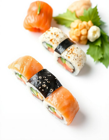 Sushi rolls with salmon, tuna, cucumber and cream cheese on white backgroundの写真素材