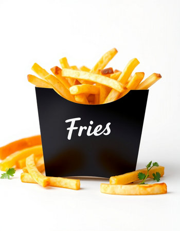 French fries on a white background. French fries in a black box