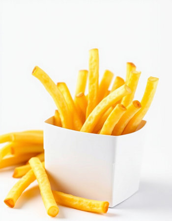 French fries in a white box on a white background. Selective focus