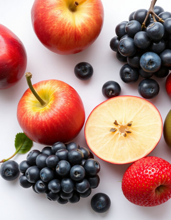 Fresh fruits isolated on white background. Healthy food concept. Top view.の写真素材