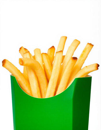 French fries in a green box on a white background. Isolatedの写真素材
