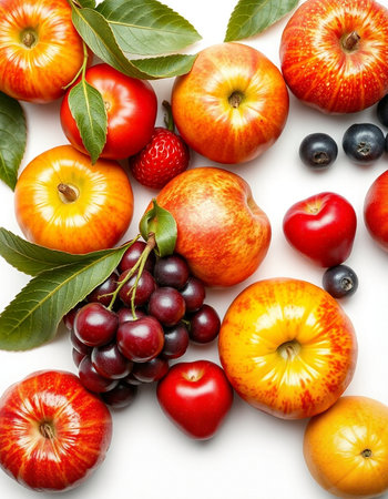 Fruits and berries on a white background. View from above.の写真素材