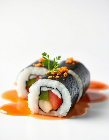 Sushi roll with salmon, avocado and cream cheese on white backgroundの写真素材