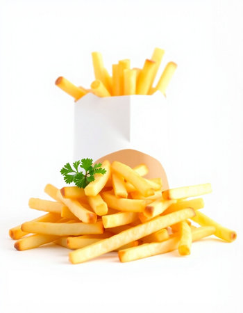 French fries with parsley on a white background. Close-up.