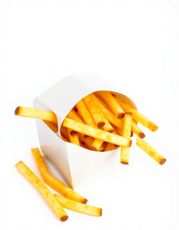 French fries in a white box on a white background. Isolated