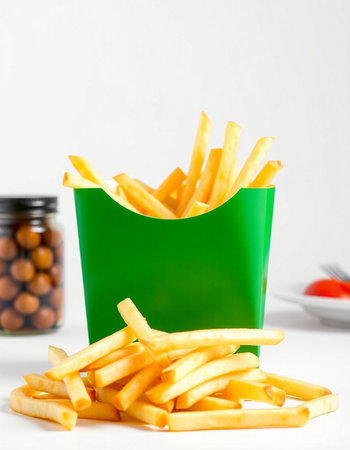 French fries in a green box on a white background. Selective focus.