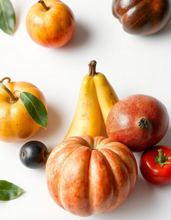 Autumn fruits and vegetables on a white background, top view.の写真素材
