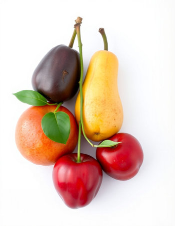 Fruits isolated on white background. Healthy food. Top view.