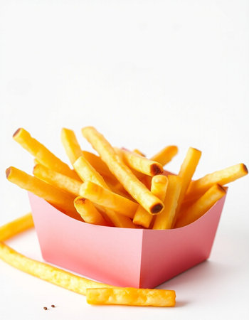 French fries in a pink box on a white background, selective focus