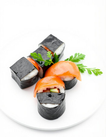 Sushi rolls with salmon on a white background.の写真素材