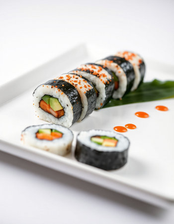 Sushi roll with salmon, cucumber, avocado and noriの写真素材