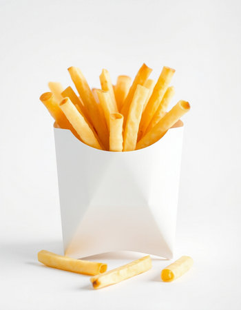 French fries in a white box on a white background. Fast food.