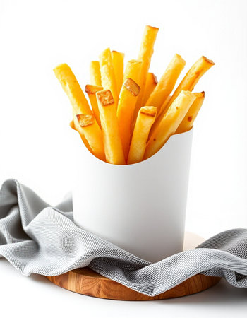 French fries in a paper cup on a white background. Selective focus.