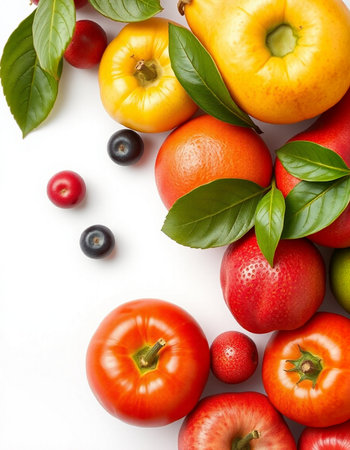 Fresh fruits and vegetables on white background. Top view. Flat lay