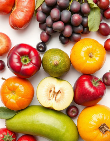 Fruits and vegetables isolated on a white background. Top view.の写真素材