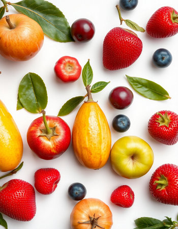 Fruits and berries on a white background. Flat lay, top viewの写真素材