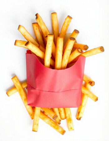French fries in red paper bag isolated on white background, top view