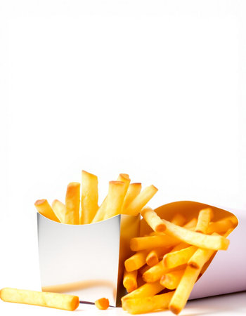 French fries in a paper box on a white background. Copy space.