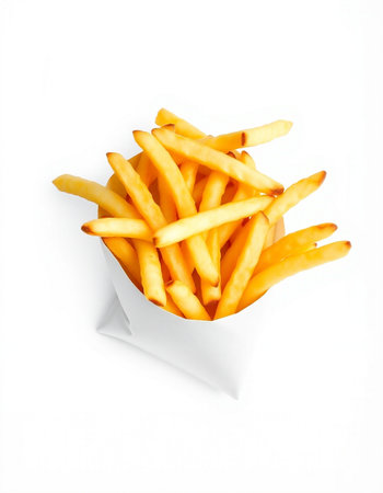 French fries in a white box on a white background, top view