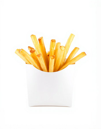 French fries in a paper box isolated on white background. Selective focus.