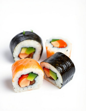 Sushi roll with salmon, avocado and cucumber on white backgroundの写真素材