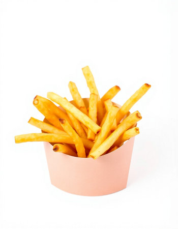 French fries in a box isolated on white background. Selective focus.