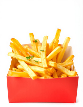 French fries in a red box on a white background. Isolatedの写真素材